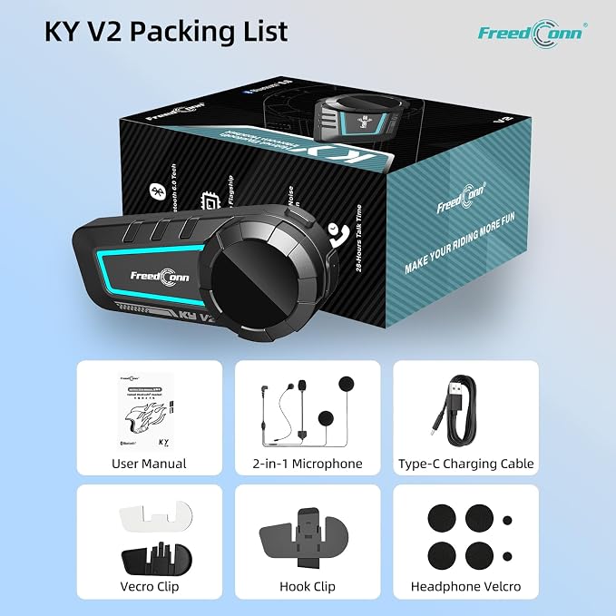 FreedConn KY V2 Motorcycle Bluetooth 6.0 Headset, Helmet Intercom Communication Systems with IP65 Waterproof, ENC Noise Cancellation, 2 Riders 500m, 1 Pack