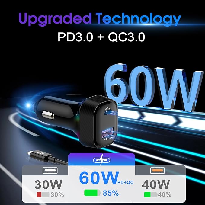 Car Charger 60W Super Fast Charging, QC3.0 USB C Car Phone Charger with 3.2ft PD 30W Type C Cable, 3 in 1 Car Adapter for iPhone 16/15/14/13Pro Max Plus Samsung Galaxy Google Pixel/Android Black