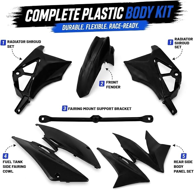 Hawk 250 Plastics Fairing Kit (All Years) - Premium PP Dirt Bike Bodywork Replacement with Fenders & Tank Guards - OEM Fitment Carbon Fiber Pattern