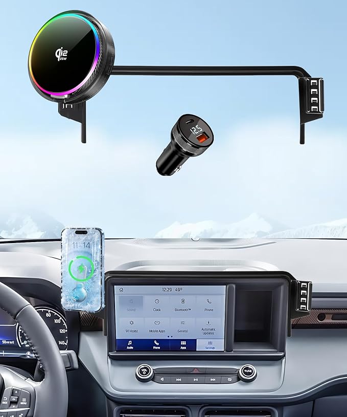 Qi2.2 25W Magnetic Car Mount Charger for 2022 2023 2024 Ford Maverick Accessories, for Fast Charging Cell Phone Holder 8 Inch Screen Fixed Clip with Cooling Fan＆54W Fast Adapter