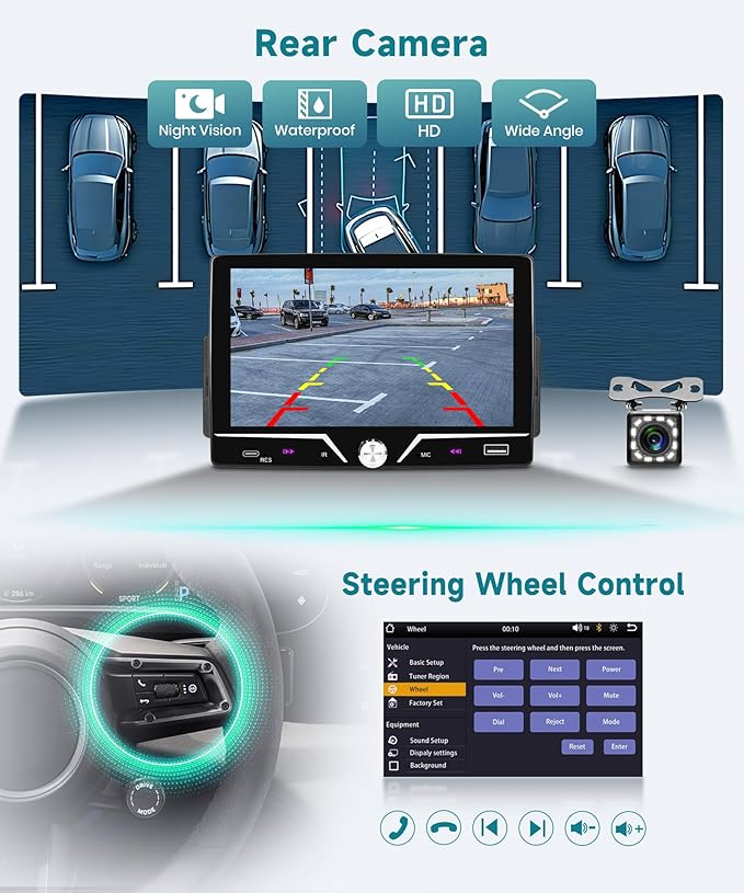 Single Din Car Stereo with Wired Carplay Android Auto, Sellrich 7 inch Touch Screen Bluetooth Single Din Car Radio with Mirror Link FM Radio USB/AUX/Type-C Ports+Backup Camera