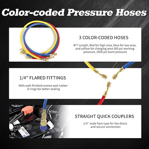PB Motor Tech AC Diagnostic Manifold Gauge Set for R134A, R12, R22, R502 Refrigerants, Includes 4FT Three-Color Hoses and 2 Quick Couplers - Automotive & Household AC Maintenance