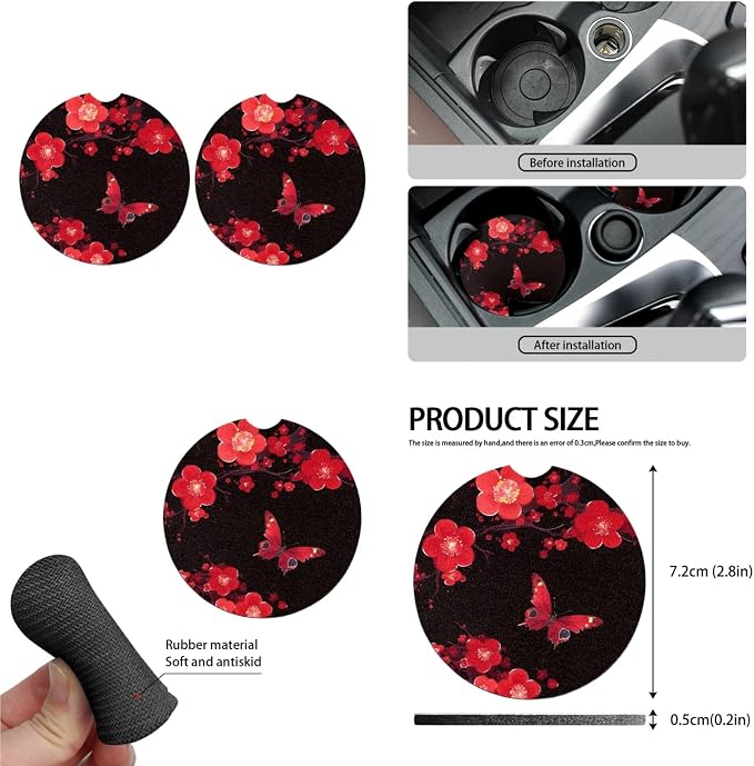 Cherry Blossom Butterfly Car Seat Cover Universal 13pc Butterfly Hand Drawing Front Back Seat Covers Bucket Seat Cover for Car, SUV & Truck Car Decor&Coaster