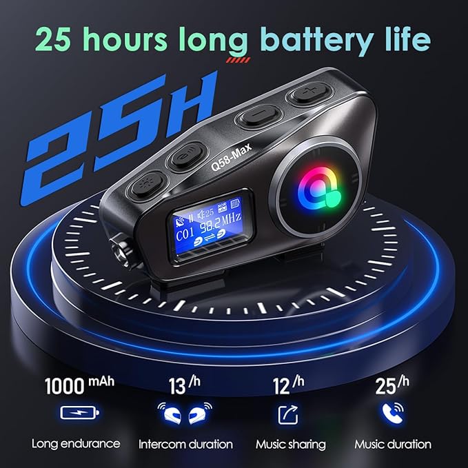 Bluetooth Motorcycle Helmet Intercom, 1500 feet Wireless Communication, Built-in Display, FM Radio, Noise Reduction, Music Sharing for 2 Riders, Waterproof, High Volume Sound Quality. 1000mAh, 2-Pack