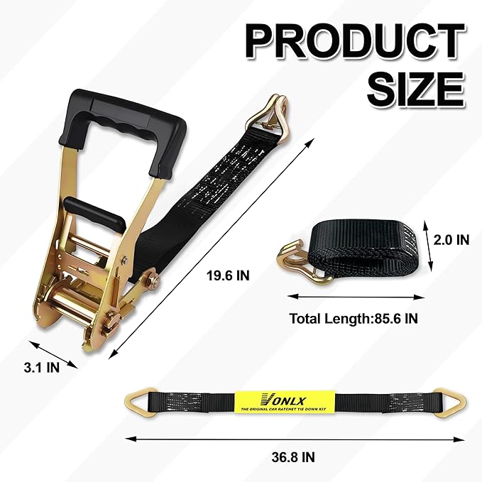 Car Trailer Tie Down Straps 4 Pack Kit, 2" x 8" Ratchet Straps Tie Down with Double J Hook with Clip, 2" x 36'' Heavy Duty Axle Strap for Car, Truck, UTV Transport,10,000lbs Break Strength
