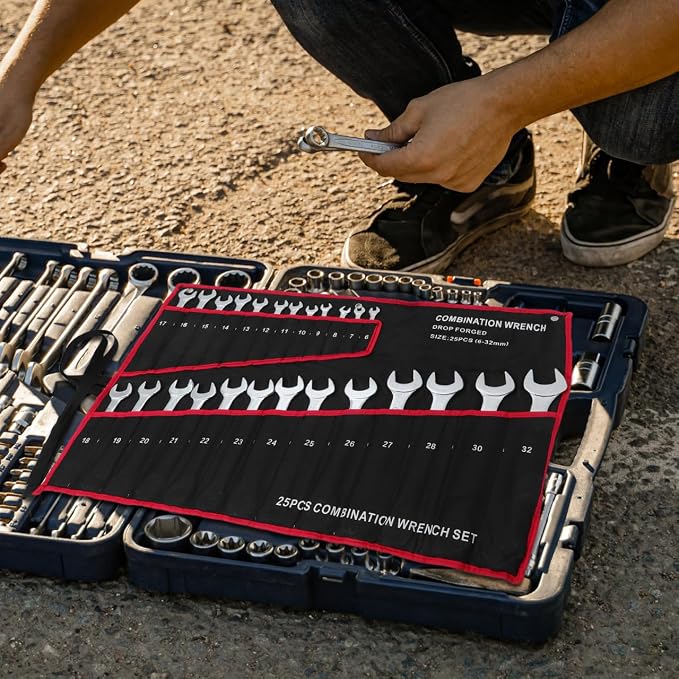 NOLITOY 25-Piece Double-Ended Wrench Set Mechanics Tool Set with Canvas Bag for Automotive Plumbing and Home Repair Precision-Made Hand Tools for Professional and Household Maintenance