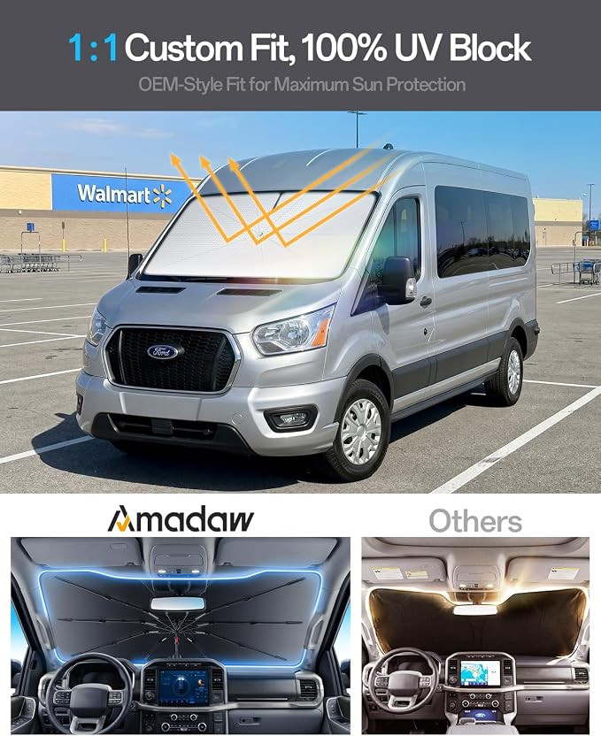 Windshield Sun Shade for Ford T150/250/350 2015–2026, Foldable Umbrella Sunshade with 100% UV Block, Multi-Layer Heat Insulation, Reinforced 10-Rib Frame, Keeps Car Cooler