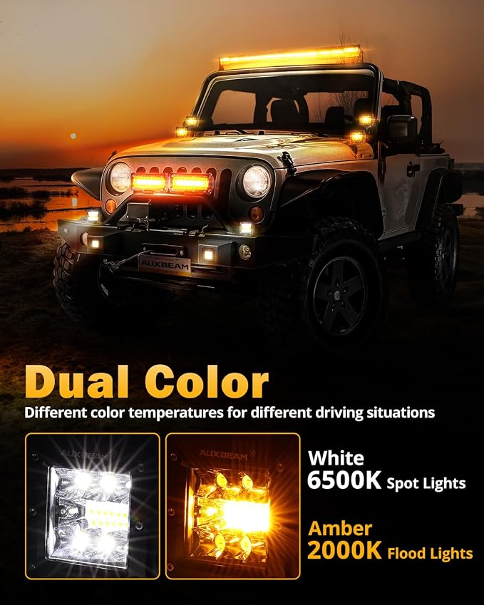 Auxbeam 6 Modes Amber White Series 5-Inch 72W Strobe LED Light Pods | Flush mount fog lights, Spot flood combo, Memory reset function, Grille bumper reverse backup, Dual color offroad lights