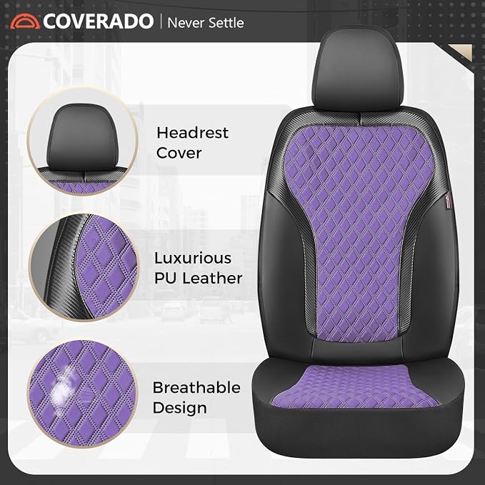 Coverado Car Seat Cover 5 Seats, Leather Seat Covers Full Set, Durable Waterproof Car Seat Protectors, Black and Purple Seat Cover, Spill-Proof Automotive Seat Covers Universal Fit for Most Cars