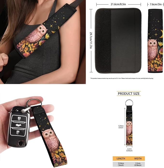 Moon Floral Owl 15Pcs Car Seat Cover Full Set Car Steering Wheel Cover Seat Belt Cover Trash Bin Front Rear View Mirror Car Cup Holder Keychain