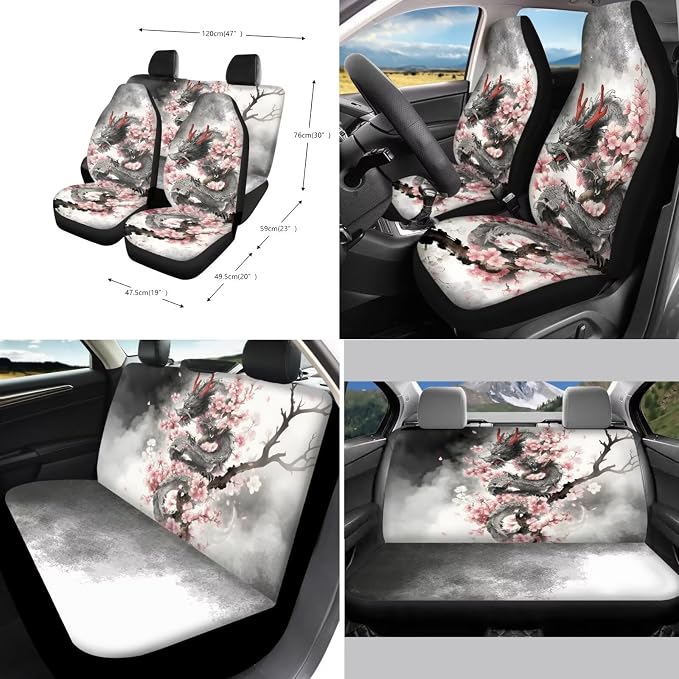 Xoenoiee Cool Dragon Cherry Blossom Print Car Seat Covers and Accessories, Front Rear Seat Covers, Steering Wheel Cover, Seat Belt Pads, Coasters, Keychains for Car SUV Decor, 11 PCS Set