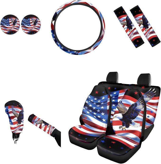 AFPANQZ Car Seat Covers Full Set 11 Pcs with Seat Belt Shoulder Pads, Cup Holder, Steering Wheel Cover, Gear Shift Knob Cover, Handbrake Protector with USA Flag Eagle Print