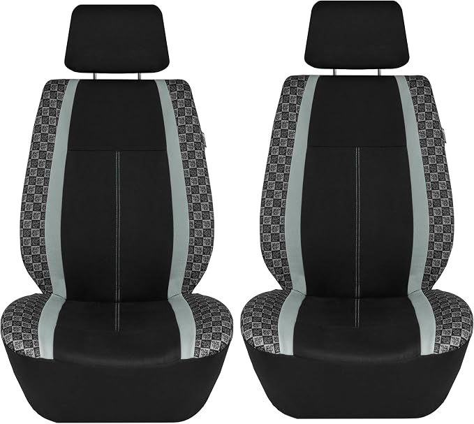 We Are Young Life is Fun™ Checker Car Seat Covers Universal Fit Interior Accessories Full Set Gray Seat Cover Combo Steering Wheel Cover and Seat Belt Pads, Airbag and Split Rear Car Seat Covers
