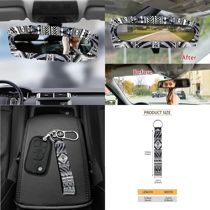 Wanyint Black Gray Car Seat Cover Set 15 Pack with Steering Wheel Seat Belt Strap Rearview Mirror Cover Garbage Cans Air Vent Pouch Coasters Keychain Auto Decor, Aztec Navajo Zebra Print