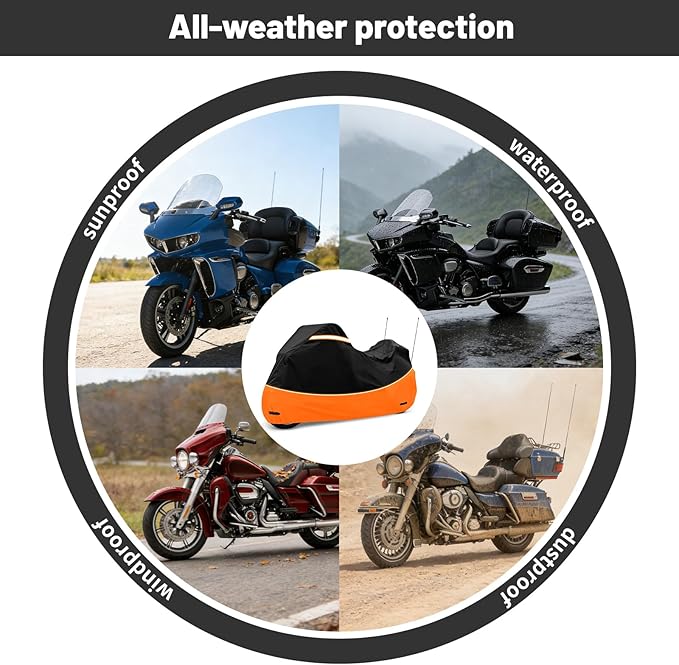 Heavy Duty Waterproof Motorcycle Cover with Side & Top Box Reflective Strips for Harley Ultra Limited Ultra Classic Road Glide Electra Glide, 110" L x 43" W x 55" H,Black & Orange