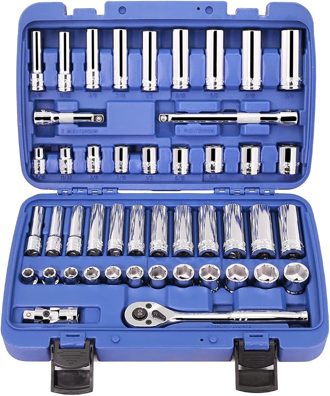 Stark USA 47-Pieces 1/4" & 3/8" Drive Impact Socket Wrench SAE (5/16" to 3/4") & Metric (8 to 19mm) Reversible Ratchet Deep & Shallow, 6 Point, Ratchet, Universal Joint, Adapters
