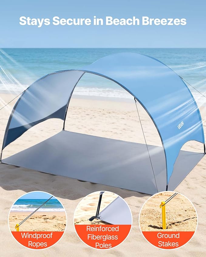 VEVOR Beach Tent Sun Shelter for 3 Person, UPF 50+, Portable Sun Shade Beach with Carrying Bag & Ground Stakes, Lightweight and Easy Setup Beach Umbrella for Camping Fishing Outdoor Picnic