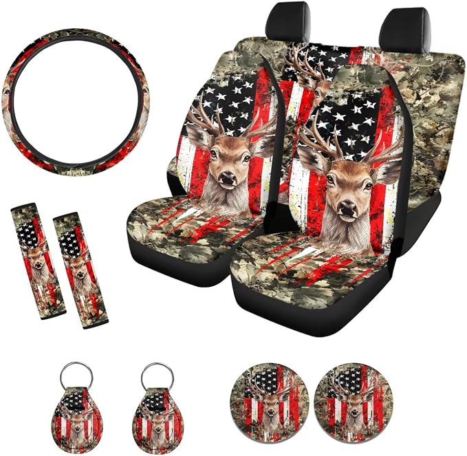 Xoenoiee Hnting Deer Flag Forest Camo Pattern Universal Car Seat Covers Full Set 11-pcs Car Interior Accessories, Car Coasters, Keychain, Steering Wheel Cover, Seat Belt Pad, 4th of July Flag