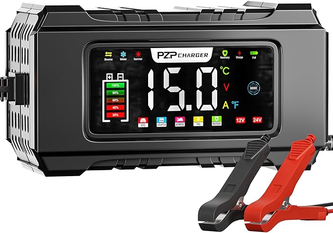 PZP 15-Amp 12V/24V Smart Battery Charger, Maintainer & Trickle Charger for LiFePO4, Lead Acid Batteries - Fully Automatic 9-Stage Charging w/Temp Compensation for Motorcycle Car Truck Lawnmower Boat