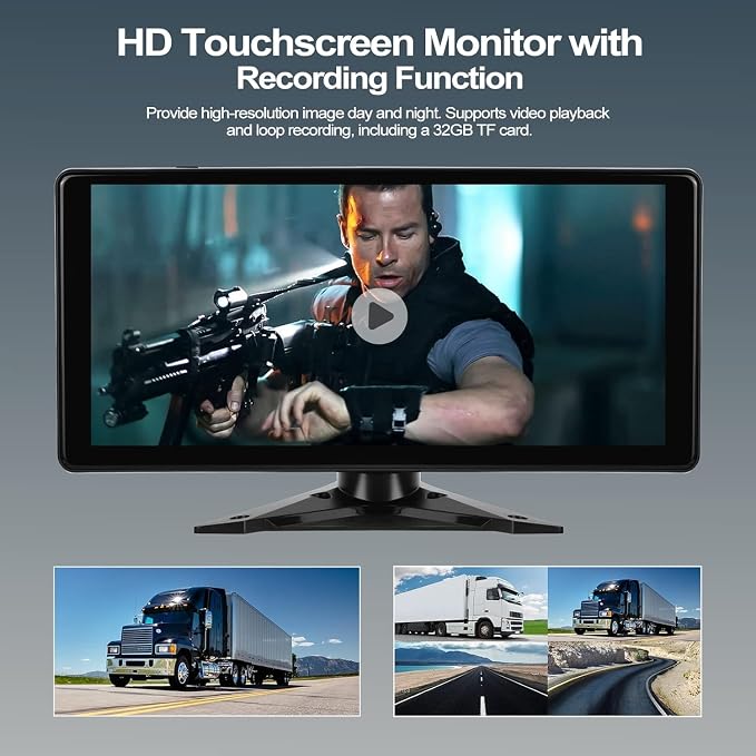 10.36" 4K RV Backup Camera System DVR Recording Quad Split Touch Screen Monitor, 4X 1080P Full Color Night Vision IP67 Waterproof, Parking Mode, Bluetooth, FM, 9-36V for RV Truck Trailer Tractor