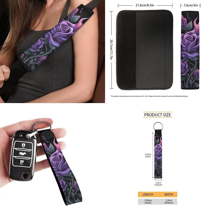 Purple Rose 15 PCS Car Seat Cover Set with Auto Steering Wheel Cover Seat Belt Strap Protector Cup Holder Trash Bag Rear View Mirror Protector Keychain