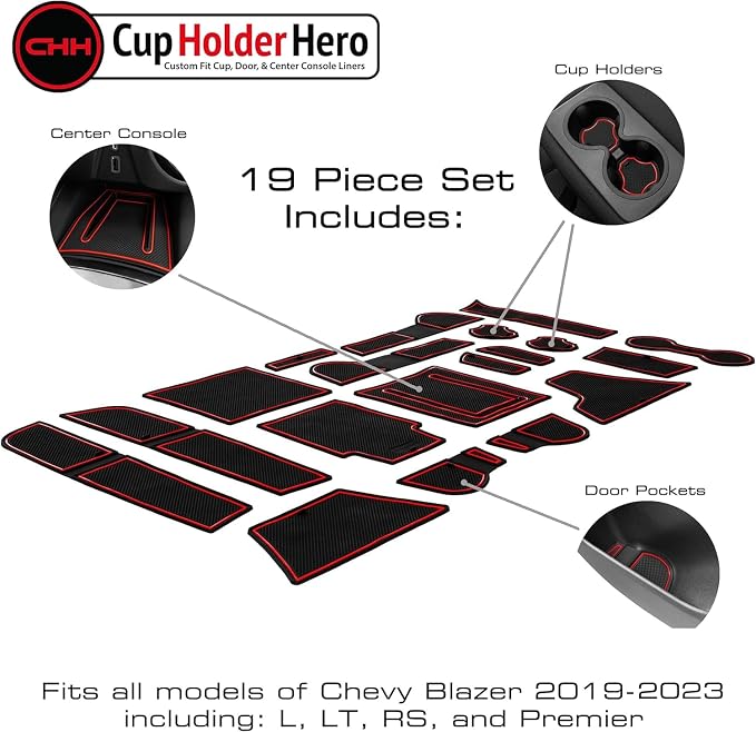 CupHolderHero Fits with Chevy Blazer Accessories 2019-2023 Premium Custom Interior Non-Slip Anti Dust Cup Holder Inserts, Center Console Liner Mats, Door Pocket Liners 19pc Set (Red Trim)
