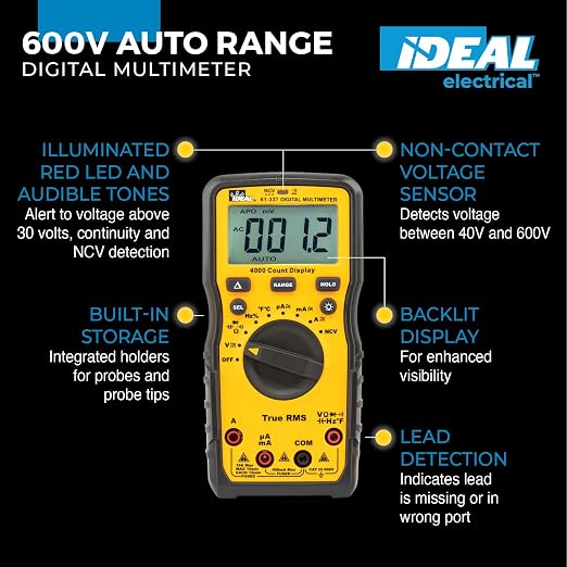Ideal Electrical 61-337 Auto Range Digital Multimeter with NCVT and Temperature, 600V, CAT III