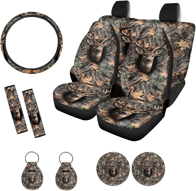 Xoenoiee Hunting Elk Forest Camo Print 11 Pcs Car Accessories Seat Cover Full Set, Steering Wheel Cover, Front & Rear Seat Cover, Seat Belt Pads, Cup Coaster, Key Chains - Universal Fit