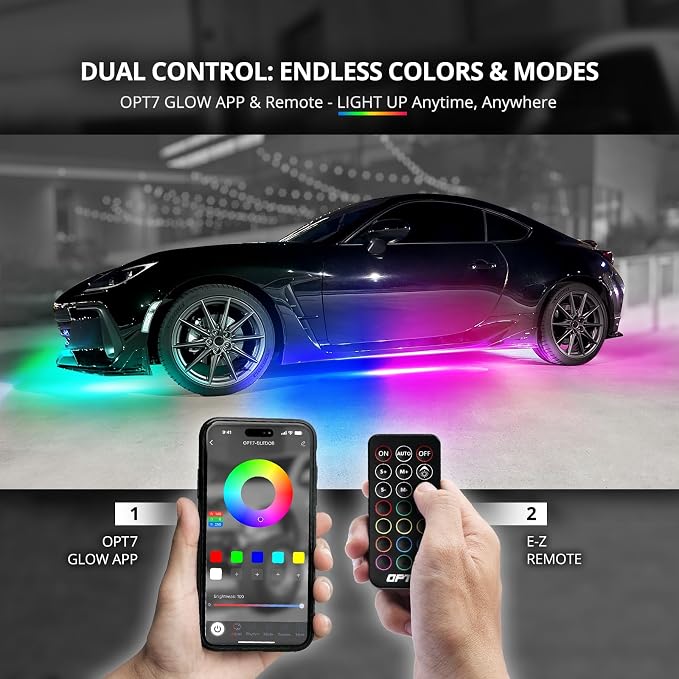 DreamColor Interior & Underglow RGB-IC LED Chasing Lights Bundle Kit with APP & Remote, Neon Accent Under Dash Lights for Car Accessories, Ambient Music Modes, 8PCS Flexible Light Strips