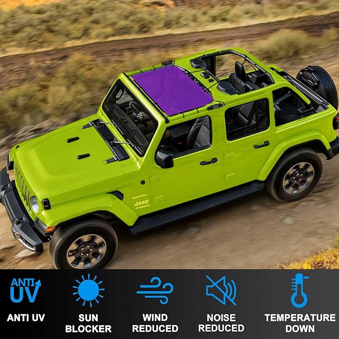 JT JL Top Sun Shade Roof Compatible with Jeep Wrangler and Gladiator 2 or 4 Door 2018 to 2023 Sunshade Sunroof Blocks UV Wind Noise Purple Mesh for Front