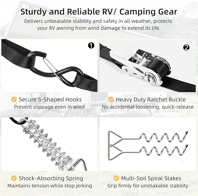 RV Awning Tie Down Kit for Wind-Proof - WanDwel Heavy Duty Camper Anchors Canopy Support Part with Shock Absorbing Spring & 13ft Ratchet Straps for Outdoor Travel Trailer Accessories Set