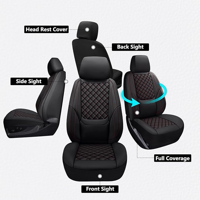 Silverado Seat Covers 2019-2026 Front Pair, Truck Interior Sets Custom Fit for Chevy Chevrolet Silverado GMC Sierra 1500/2500/3500HD Crew/Double/Extended Cab with Lumbar Support, Black Red