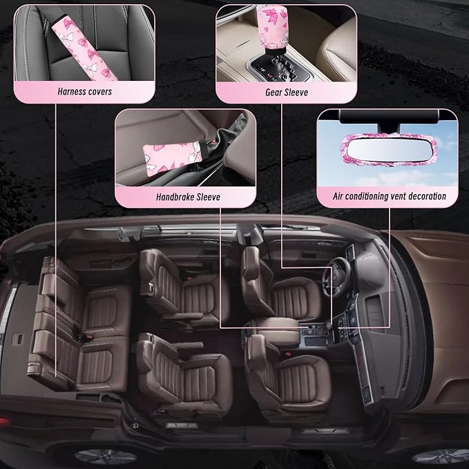 23 Pcs Leopard Print Car Accessories,Including License Plate Frame,Rearview Mirror Decoration,Etc,Suitable for Sedan,SUV and Other,Cute Car Interior Set for Women (Pink Butterfiy)