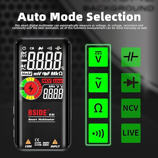 BSIDE Digital Multimeter Color LCD 9999 Counts Auto-Ranging Voltmeter Capacitance Resistance Continuity Frequency Diode Duty Cycle Live Check Voltage Tester with Flashlight