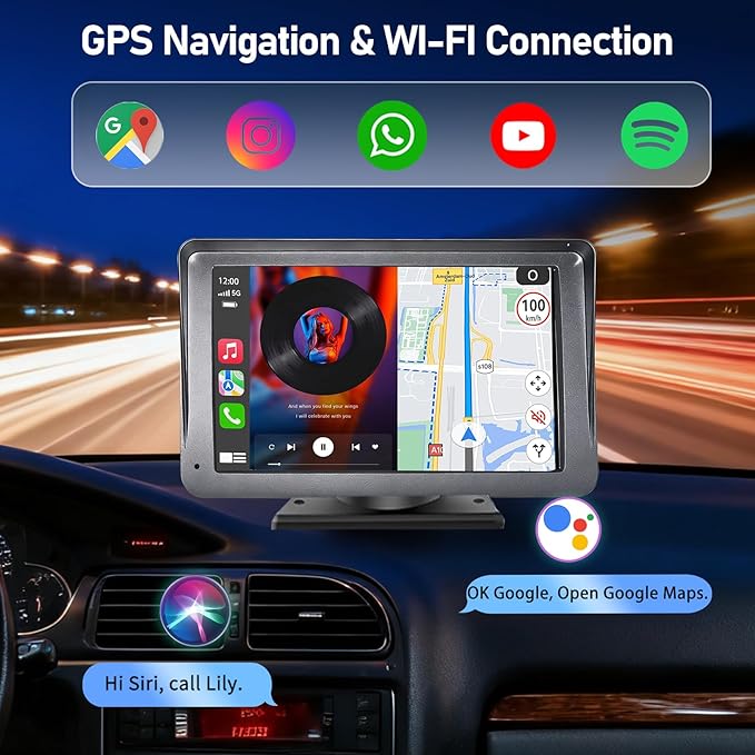 Portable Wireless Radio with Apple CarPlay and Android Auto Screen for Car, 7 Inch Anti-Glare Touchscreen Radio with Bluetooth Hands-Free/Navigation/Voice Control/AHD Backup Camera, for All Vehicles