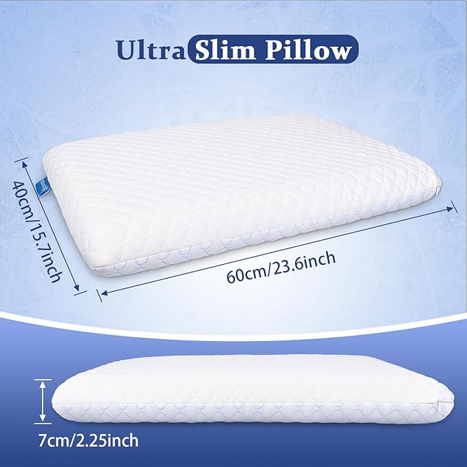 SofGlowly Thin Flat Pillow for Sleeping – 2.25" Ultra Slim Cooling Memory Foam Pillow for Stomach & Back Sleepers, Low Profile Neck Alignment Design with Soft Washable Cover,Supportive & Comfortable
