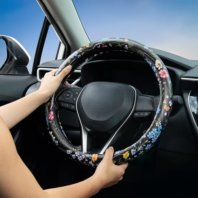 Multicolor Wildflower Steering Wheel Cover Auto Jacquard Steering Wheel Protector, Anti-Slip, Breathable, Absorbing Sweat, Universal Car Accessories 14.5–15 inch,Fit for Most Car, Trucks, SUV