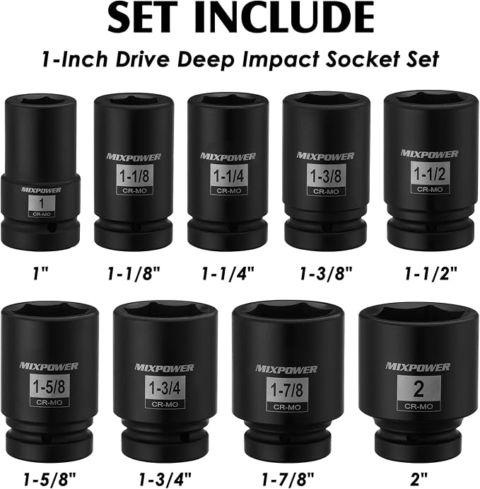 MIXPOWER 9PCS 1"Drive Impact Deep Socket Set, 6 Point, 1" - 2", CR-MO, SAE, Deep, 1" Dr. Deep Spindle Axle Nut Impact Socket Set