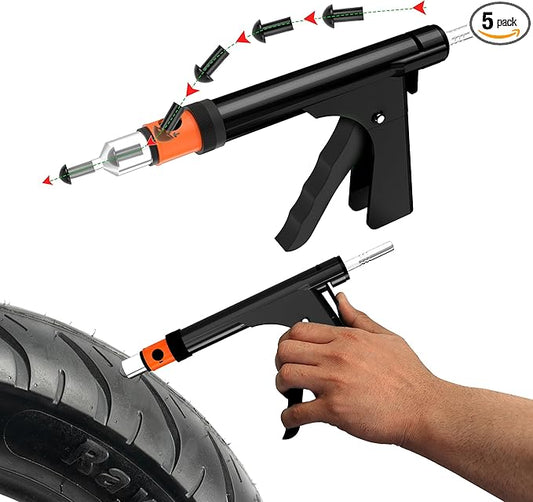 GRAND PITSTOP Tubeless Tire Gun Puncture Repair Kit with Mushroom Plug for Tyre Punctures and Flats on Cars, Motorcycles, ATV, Trucks & Tractors (Gun Puncture Kit with Hole 15 Plugs, Black)