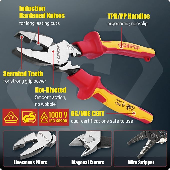 3 PCS Insulated Pliers Set, 1000V Insulated Electrical Tools Kit with Wire Stripper, Linesmen & Diagonal Cutters, VDE Certified