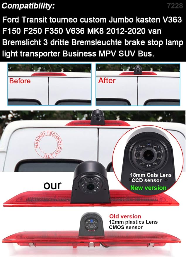 Super HD 1280x720 Pixel 3rd Brake Light Reversing car Camera Brake lamp Parking for Ford Transit Tourneo Custom Jumbo Kasten V363 F150 F250 F350 V636 MK8 Third MPV ++7" car Reverse Monitor Waterproof