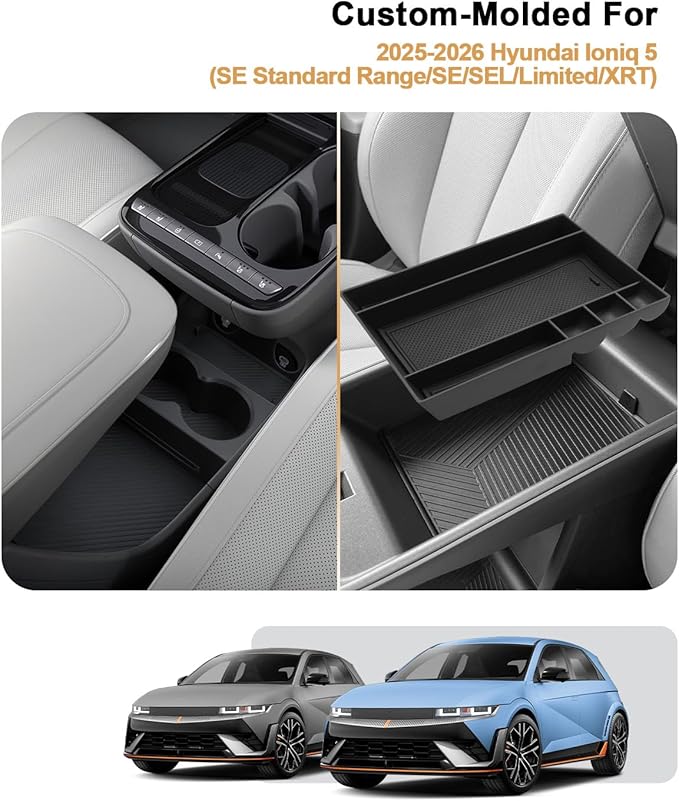 2026 Ioniq 5 Center Console Organizer - 2 Pcs Armrest Box Storage Tray + Lower Center Console Tray For 2025-2026 Hyundai Ioniq 5(SE/SEL/Limited/XRT) Accessories - Not For Ioniq 5 N Edition