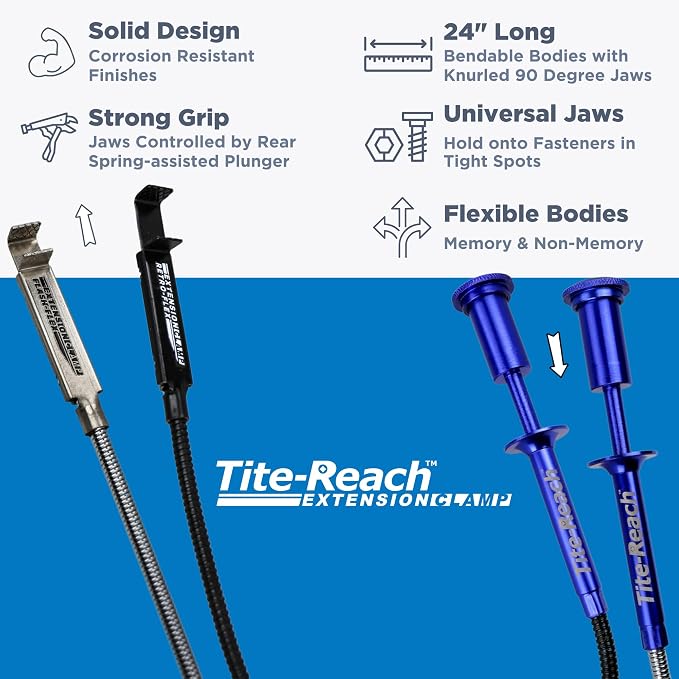 TITE-REACH Flexible Extension Clamp Combo Pack – Retro-Flex (Memory-Flex) & Flash-Flex (Spring-Back) Mini Vise Tools, 24" Nut & Bolt Holders for Tight Space Retrieval