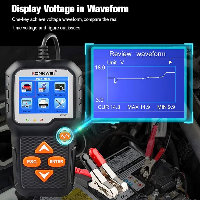 KONNWEI KW650 6V 12V Car Battery Tester, 100-2000 CCA Battery Load Tester Automotive Battery and Alternator Tester for Vehicles/Marine/Motorcycle/Lawn Mover