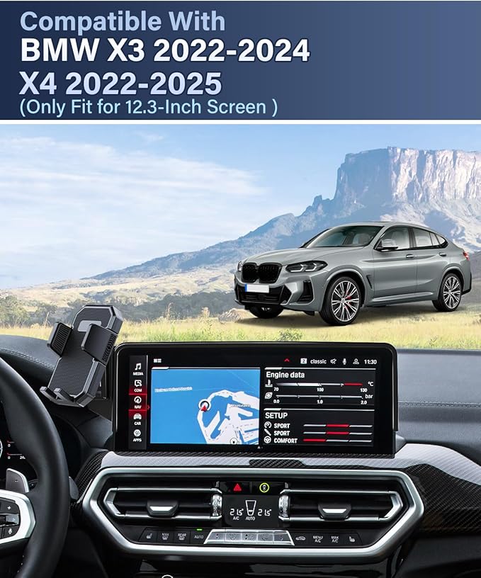PZK Car Phone Holder for BMW X3 2022-2024/ BMW X4 2022-2024 2025 Accessories 12.3-Inch Screen Fixed Clip Auto Lock Clamping Phone Mount with Sunglasses Storage Box 360° Rotation (Not Fit 10.25-Inch)