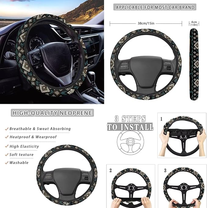 Wanyint Car Seat Cover Set 11 PCS for Men Women, with Soft Breathable Steering Wheel Headrest Cover Handbrake Gear Shift Knob Cover Coasters, Southwest Aztec Black Blue
