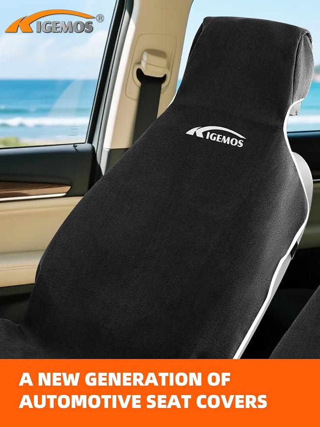 Car Seat Towel Cover Front & Rear Set, Waterproof Sweatproof Non-Slip Seat Protectors – Dual-Layer Microfiber Terry – Universal Fit for Cars, Trucks, SUVs – Embroidered Design (Black, 3 Pack)
