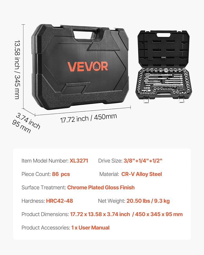 VEVOR Socket Set, 86 Pieces, 3/8 & 1/4 & 1/2 inch Drive Socket and Ratchet Set, SAE and Metric, Mechanic Tool Kit with Ratchet Wrench, Accessories and Storage Case, CR-V Alloy Steel, for Auto Repair