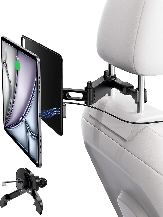 KUXIU Magnetic Wireless Charging Car Headrest Holder for iPad Pro 12.9/Air 13 M2/M3, Adjustable Long Arm Tablet Mount Back Seat for Kids, Road Trip Essentials Stand for iPad Pro 12.9'' 3rd/4th/5th/6th