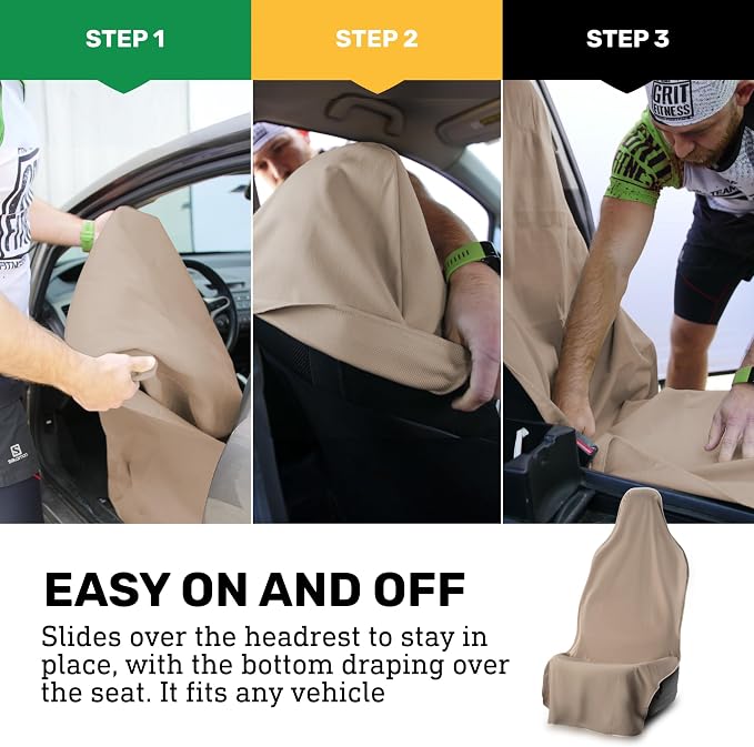 UltraSport Waterproof Towel Car Seat Cover, Universal Fit, Sweatproof & Odor-Resistant Front Seat Protector, Quick-Dry, Machine Washable for Gym, Pets, Travel, Outdoor Adventures, Tan, 2-Pack
